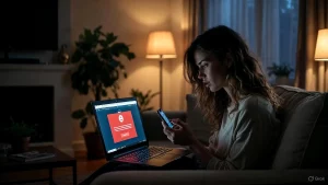 Eine Frau sitzt frustriert auf dem Sofa und versucht ein Disney+ Zahlungs-Problem mit ihrer Kreditkarte zu lösen.