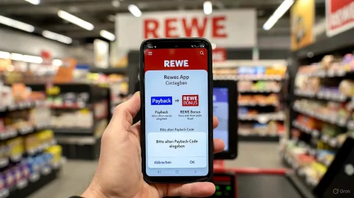 Smartphone an REWE Kasse zeigt, dass Payback nicht mehr funktioniert.