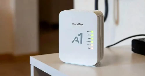 A1 Hybrid Box Modem zeigt Verbindungsfehler durch rot blinkende Internet-LED an.