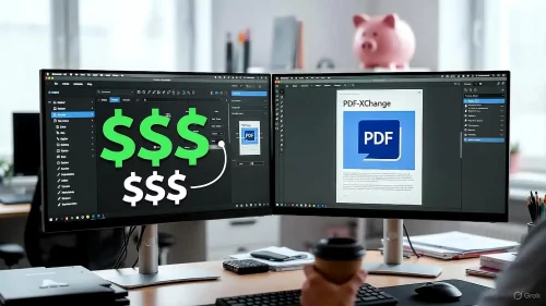 Vergleich von Adobe Acrobat Pro mit günstigen PDF Alternativen auf zwei Monitoren im Büro.