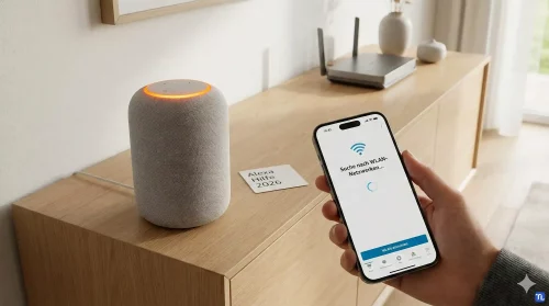 Ein Echo-Lautsprecher im Setup-Modus mit orangem Ring neben einem Smartphone mit der deutschen Alexa App im Jahr 2026.