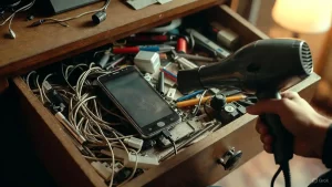 Wiederbelebungsversuch eines alten Smartphones in der Schublade mit Ladekabel und Fön.