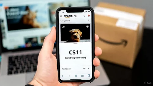 iPhone zeigt Amazon App Fehler CS11 mit Hundebild.