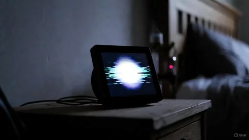 Amazon Echo Spot Bildschirm flackert im dunklen Zimmer.