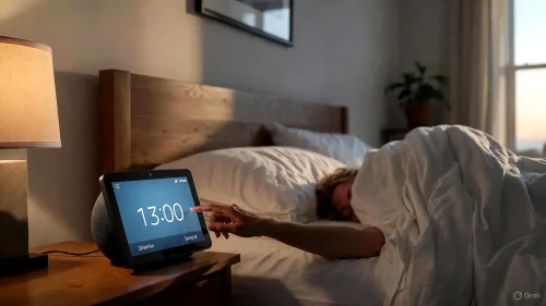 Hand schaltet Wecker am Amazon Echo Spot per Touchscreen aus.