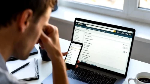 Frustrierte Person am Laptop versucht ein Amazon Abonnement zu kündigen.