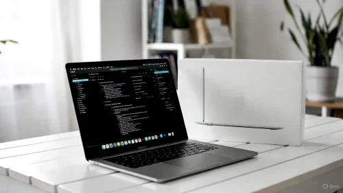 Ein generalüberholtes Apple MacBook Pro (CPO) auf einem Schreibtisch neben seiner minimalistischen weißen Verpackung.