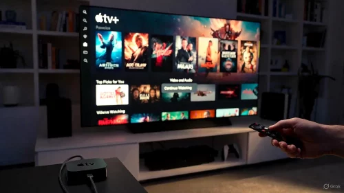 Ein Apple TV 4K angeschlossen an einen OLED Fernseher mit Fokus auf das HDMI-Kabel und die Video-Einstellungen.