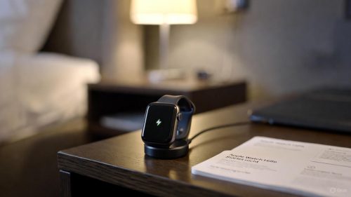 Eine schwarze Apple Watch auf einem Ladegerät mit deutschem Reparatur-Guide im Jahr 2026.