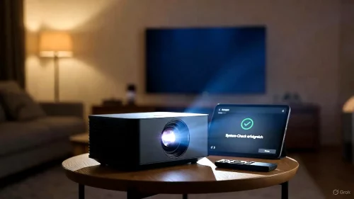 Ein Aurzen Boom Mini Projektor wird in einem Wohnzimmer auf Fehler geprüft und kalibriert.