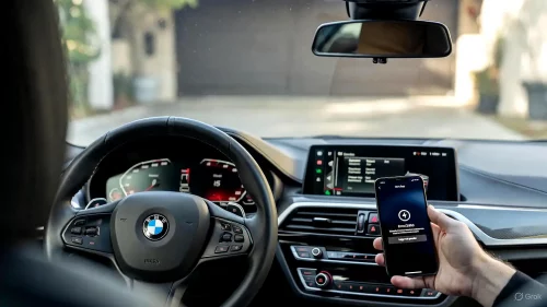 Smartphone zeigt My BMW App Fehler 2900 im Cockpit eines Autos.