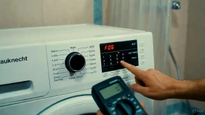 Display einer Bauknecht Waschmaschine zeigt Fehler F06, Finger drückt die Reset-Taste.