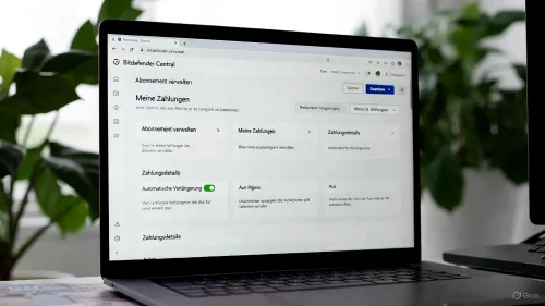Ein Laptop zeigt das deutsche Menü von Bitdefender Central zum Deaktivieren der automatischen Verlängerung.