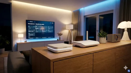 Ein Bosch Smart Home Controller II mit weißer Status-LED in einem modernen Wohnzimmer-Setting.