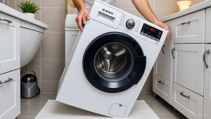 Bosch Waschmaschine wird nach vorne gekippt, um Wasser aus der Bodenwanne zu entfernen und Fehler E23 zu resetten.