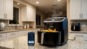 Cosori Turbo Tower Pro Heißluftfritteuse mit frischen Pommes und App-Steuerung in der Küche.