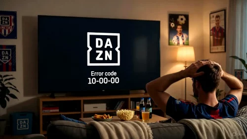 Smart TV zeigt DAZN Fehler 10-00-00 beim Fußball-Stream, Fan verzweifelt.