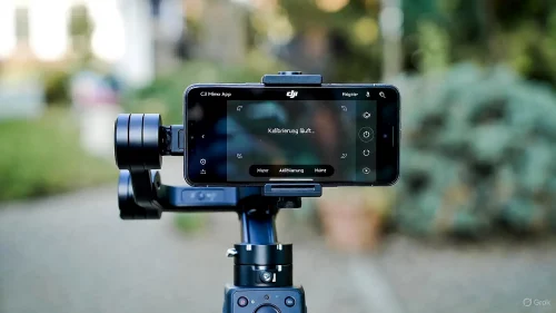 Ein DJI Osmo Mobile Gimbal wird auf einer ebenen Fläche kalibriert, um Motor-Zittern zu verhindern.