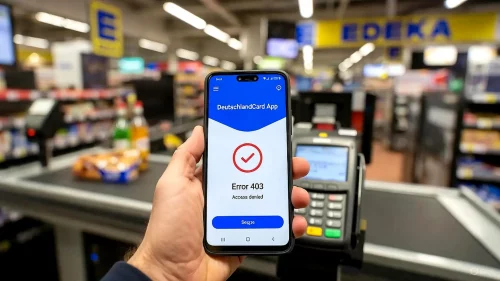 Smartphone zeigt DeutschlandCard App Fehler 403 an der Supermarktkasse.
