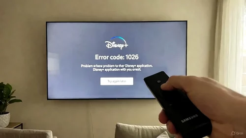 Samsung Smart TV zeigt Disney+ Fehlercode 1026, Nutzer führt Cold Boot über Fernbedienung durch.