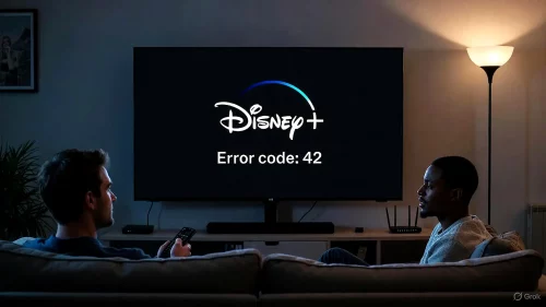 Fernseher zeigt Disney+ Fehlercode 42 im Wohnzimmer, Nutzer ratlos.