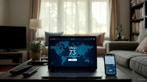 Laptop zeigt Disney+ Fehlercode 73 wegen Standortproblemen, daneben Smartphone zur GPS-Überprüfung.