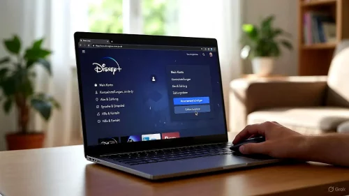Ein Laptop zeigt die deutsche Disney+ Webseite mit dem Button zum Kündigen des Abonnements.