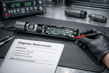 Ein zerlegtes Dyson Airwrap Handstück bei der technischen Prüfung des V9-Motors.