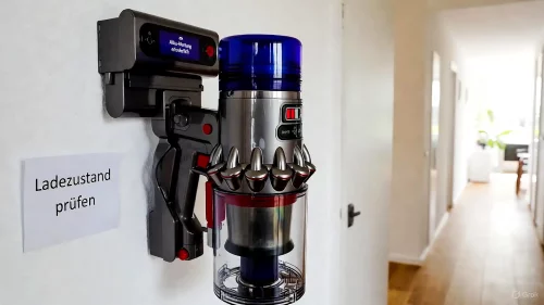 Ein Dyson Staubsauger zeigt auf seinem deutschen Display eine Fehlermeldung zum Akku-Zustand an.