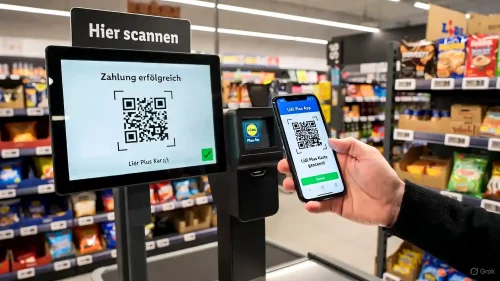 Nahaufnahme eines Smartphones beim Scannen der deutschen Lidl Plus App an einer modernen Supermarktkasse.