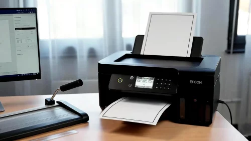 Ein Epson ET-4800 Drucker auf einem Schreibtisch zeigt ein A4-Blatt mit technischem Rand.