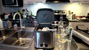 Euhomy Eiswürfelmaschine in Betrieb mit Eiswürfeln im Korb auf einer Küchenzeile.