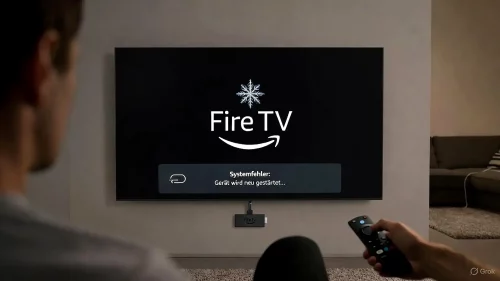 Ein Fernseher zeigt den Fehlerbericht eines Amazon Fire TV Sticks in deutscher Sprache während eines Resets.