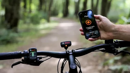 Smartphone mit Flow App Fehleranzeige neben E-Bike Lenker mit blinkender LED Remote.