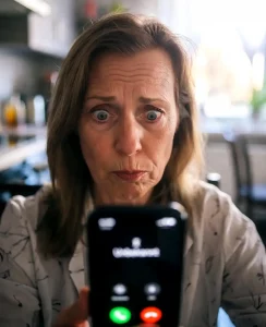 Frau schaut besorgt auf Smartphone mit anonymem Anrufer auf dem Display