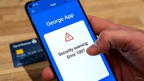 Smartphone zeigt George App Fehler 1007 Sicherheitswarnung beim Login Versuch.