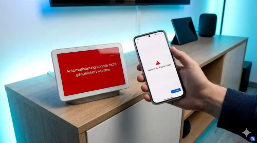 Ein Smart-Home-Display und ein Smartphone zeigen deutsche Fehlermeldungen der Google Home App im Jahr 2026.