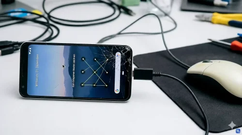 Ein Google Pixel wird mit einer angeschlossenen USB-Maus entsperrt, da der Touchscreen defekt ist.