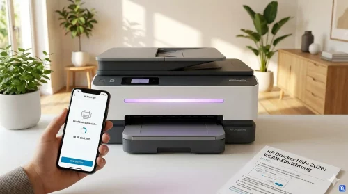 Ein HP Drucker im Setup-Modus neben einem Smartphone mit der deutschen HP Smart App im Jahr 2026.