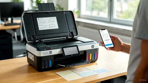 Ein HP Smart Tank 5105 Drucker wird mithilfe der deutschen HP Smart App auf einem Smartphone gewartet.