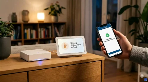 Ein Google Nest Hub und ein Homematic IP Access Point zeigen die erfolgreiche Smart-Home-Verbindung im Jahr 2026.