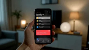 iPhone zeigt "Keine Antwort" Fehler in der Home App, im Hintergrund IKEA Dirigera Hub.