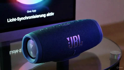 Ein JBL Pulse 6 Lautsprecher wird über die JBL One App auf korrekte Licht-Synchronisation geprüft.