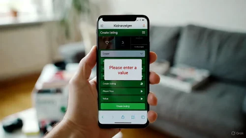 Smartphone zeigt Kleinanzeigen App Fehler "Bitte gib einen Wert ein" beim Erstellen einer Anzeige.