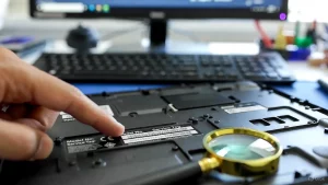 Finger zeigt auf Modellnummer-Aufkleber auf der Unterseite eines Laptops.