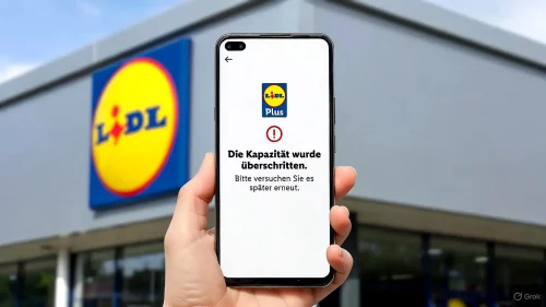 Ein Smartphone zeigt die deutsche Fehlermeldung „Kapazität überschritten“ in der Lidl App vor einer Filiale.