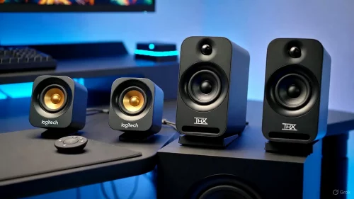 Gegenüberstellung der 2.1 Lautsprechersysteme Logitech Z533 und Z623 auf einem Schreibtisch.