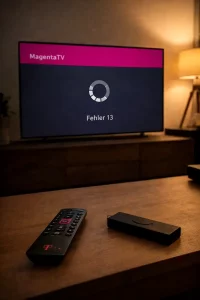 Fernseher zeigt Magenta TV Fehler 13 und Ladekreis im Wohnzimmer.