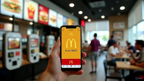 Smartphone zeigt McDonald's App Fehler 10021 direkt vor dem Bestellterminal im Restaurant.
