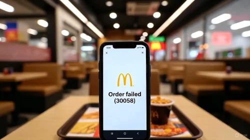 Smartphone auf McDonald's Tisch zeigt Fehlercode 30058 bei der Bestellung.